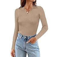 MEROKEETY Womens 2024 V Neck Long Sleeve T Shirts Fitted Elegant Fall Ribbed Knit Casual Tee Tops