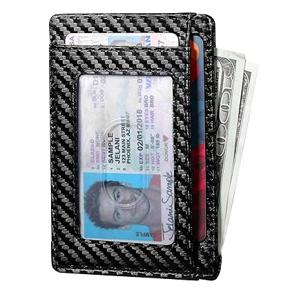 Travelambo Front Pocket Minimalist Leather Slim Wallet RFID Blocking Carbon Fiber Texture