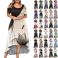 Plus Size Dresses for Curvy Women,2024 Summer Maxi Cold Shoulder Sundress Long Dresses,Elegant Flowy Wedding Guest High Low Dress,Petite Dresses for Women,Beach Wedding Guest Dress