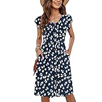 WNEEDU Women Summer Dresses Sleeveless Casual Loose Swing Button Down Midi Dress with Pockets