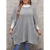 Casual Ladies Comfortable Plus Size Sweater Plus Fringe Trim Cable Knit Poncho Leisure Perfect Comfortable Eye-catching (Color : Gray, Size : X-Large)