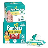 Pampers Swaddlers 360 Pull-On Diapers, Size 6, 92 Count, One Month Supply with Sensitive Baby Wipes, 4 Flip-Top Packs (336 Wipes Total) [Packaging May Vary]
