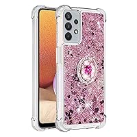 Shockproof Case for Samsung Galaxy A32 5G,Glitter Bling Shine Diamond Heart Rainbow Quicksand Transparent TPU Shell with Rotating Finger Ring Kickstand