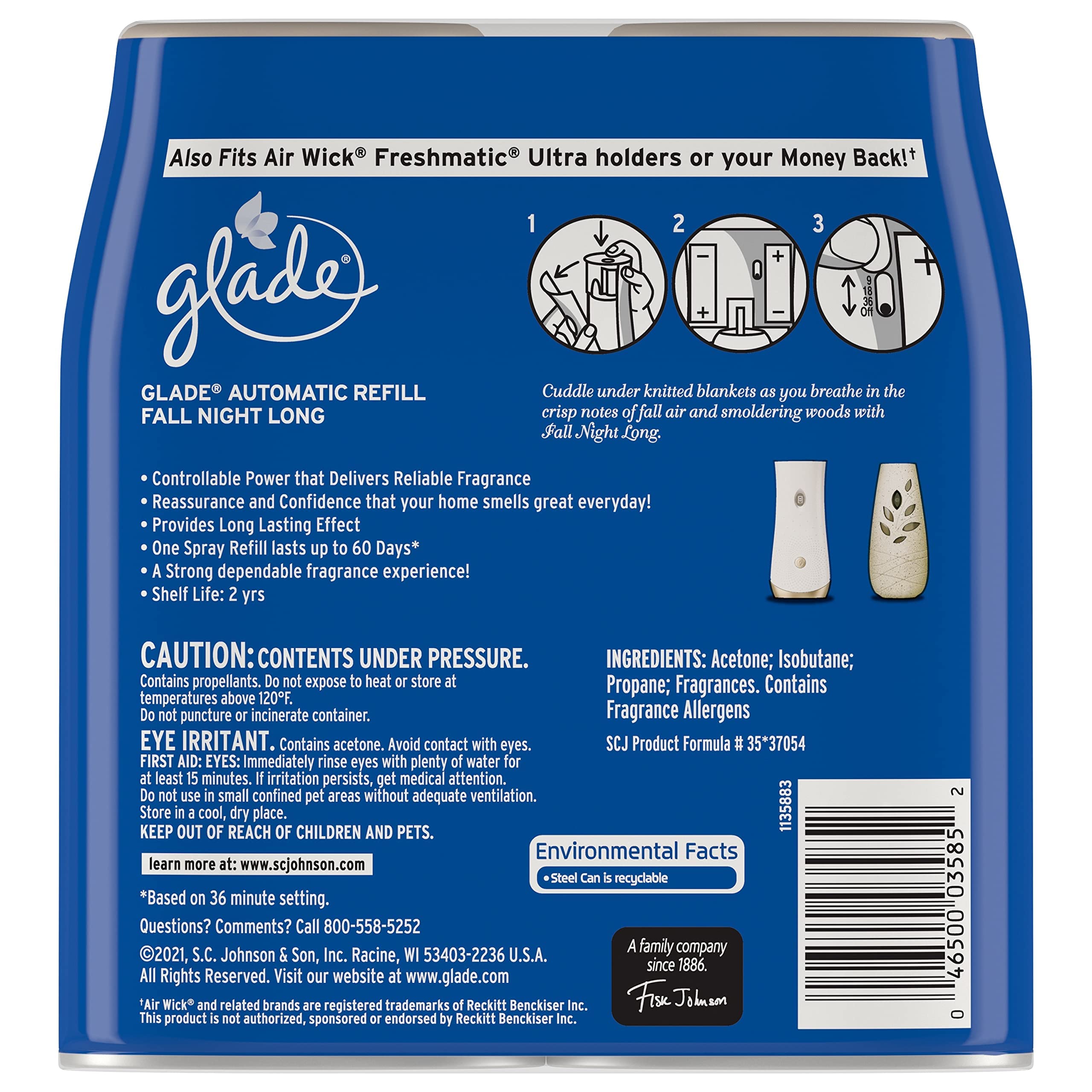Glade Automatic Spray Refill, Air Freshener for Home and Bathroom, Fall Night Long, 6.2 Oz, 2 Count