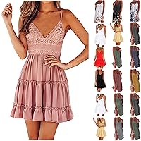 Sling Dresses for Women,2023 Spring Summer Casual V Neck Mini Dress,Romantic Flowy Ruched Ruffle Hem Beach Dress