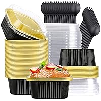 100 Pcs Cupcake Liners with Lids,5 oz Disposable Square Cupcake Pans with Plastic Aluminum Foil Mini Cake Pans for Dessert Bread for Party Wedding Birthday Kitchen (Silver,5 oz) (Black Gold,5 oz)