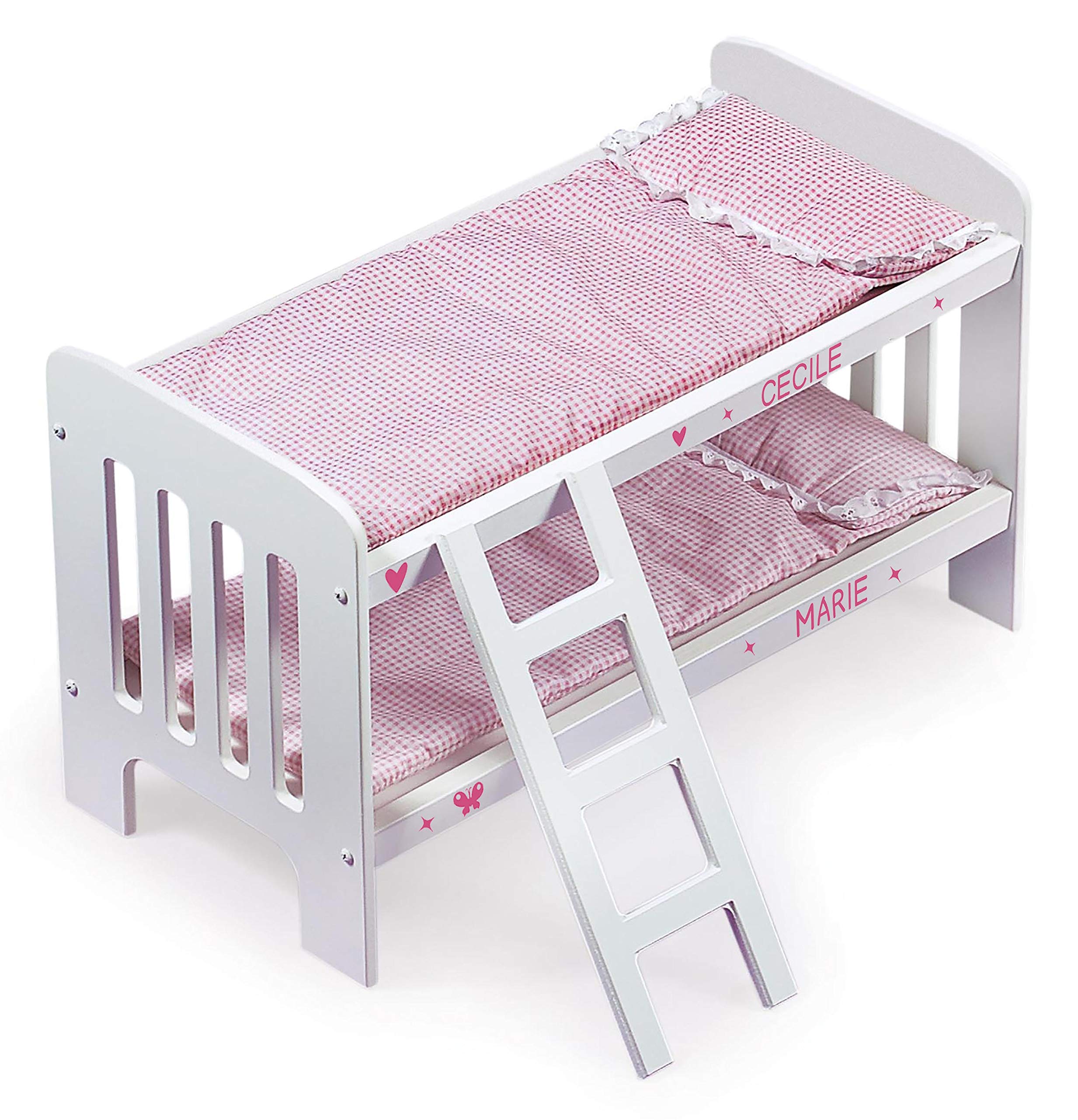 Badger Basket Toy Doll Bunk Bed with Gingham Bedding, Ladder, and Personalization Kit for 20 inch Dolls - White/Pink