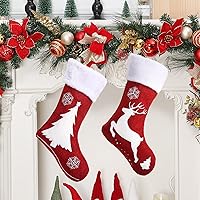 2 Pack 18 Inch Burlap Christmas Stockings with Plush Cuff Cute Fireplace Christmas Decorations Farmhouse Rustic Christmas Stockings with Embroidered Reindeer Christmas Tree Snowflake for Gift Holders