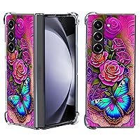 Galaxy Z Fold 5 Case,Blue Butterfly Flowers Rose Drop Protection Shockproof Case TPU Full Body Protective Scratch-Resistant Cover for Samsung Galaxy Z Fold 5