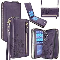 Lacass Case Wallet for Samsung Galaxy S23 FE 2023, Crossbody Dual Zipper Detachable Magnetic Leather Wallet Case Cover Wristlets Wrist Strap 13 Card Slots Money Pocket (Floral Dark Purple)