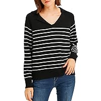 MessBebe Women's Lapel Collar Striped Sweater Long Sleeve V Neck Casual Pullover Sweater Loose Drop Shoulder Jumper Tops