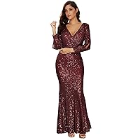 Women's Long Sleeve Full Sequins Mermaid Gown Long Prom Party Dress