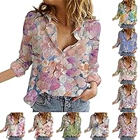 Women's Shirts Floral Print Button Down Shirt Fashion Lightweight Cotton Linen Long Sleeve Blouse Spring Summer Casual Tops