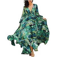 Women's 2024 Tropical Print Maxi Dress Hawaiian Puff Long Sleeve Wrap V Neck A-Line Dress Belted Flowy Beach Dresses