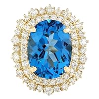 15.64 Carat Natural Blue Topaz and Diamond (F-G Color, VS1-VS2 Clarity) 14K Yellow Gold Luxury Cocktail Ring for Women Exclusively Handcrafted in USA