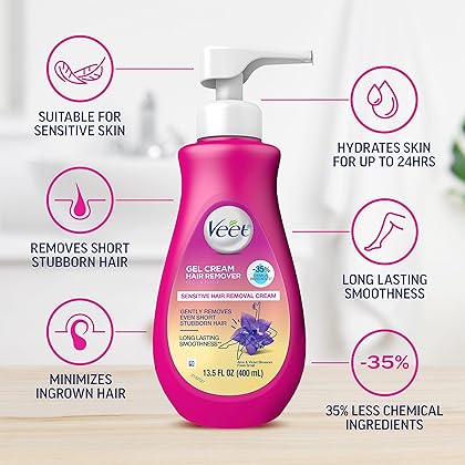 VEET Sensitive Skin Hair Removal Cream For Women, Painless Bikini Hair Removal Gel, Dermatologically Tested Depilatory Cream For Intimate Areas, 13.5 FL OZ Pump Bottle with Tool