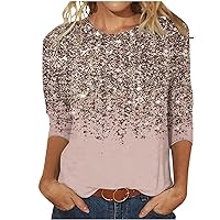 3/4 Sleeve T Shirt Women Tie Dye Blouse Tee Rhinestone Print Tunic Tops Round Neck Glitter Printed Pullover Blouses Top