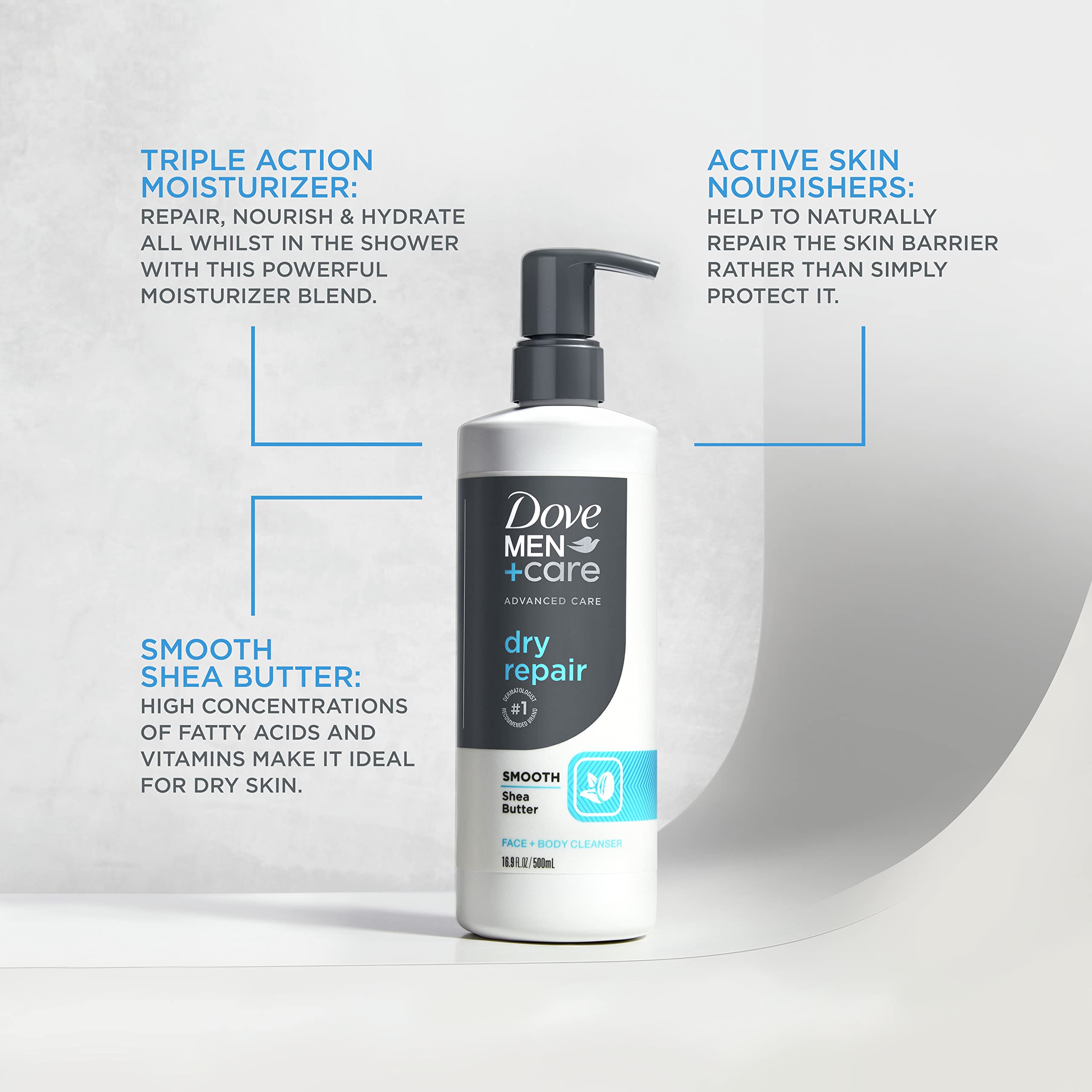 DOVE MEN + CARE Advanced Care Face + Body Cleanser Dry Repair 3 Count for Dry Skin Cleanser with Smooth Shea Butter 16.9 oz