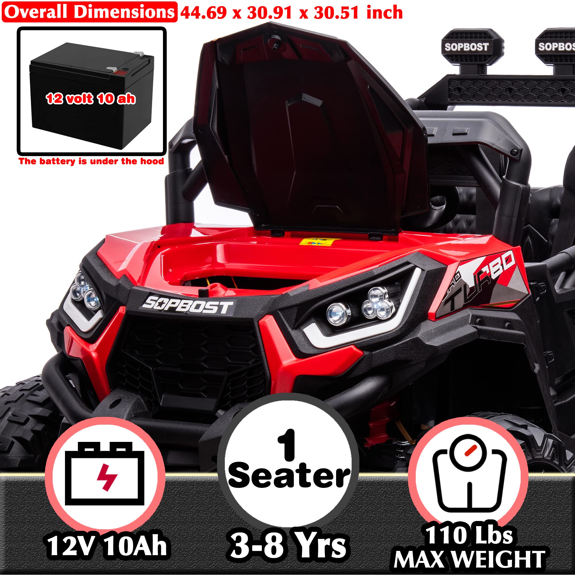 sopbost 12V 10AH Power Buggy 4x4 Kids Ride On Truck UTV 2WD/4WD Switchable Ride On Car with Remote Control Ride On Toys Electric Off-Road UTV Vehicle with Car Keys, 4 Shock Absorbers, Music Play, Red