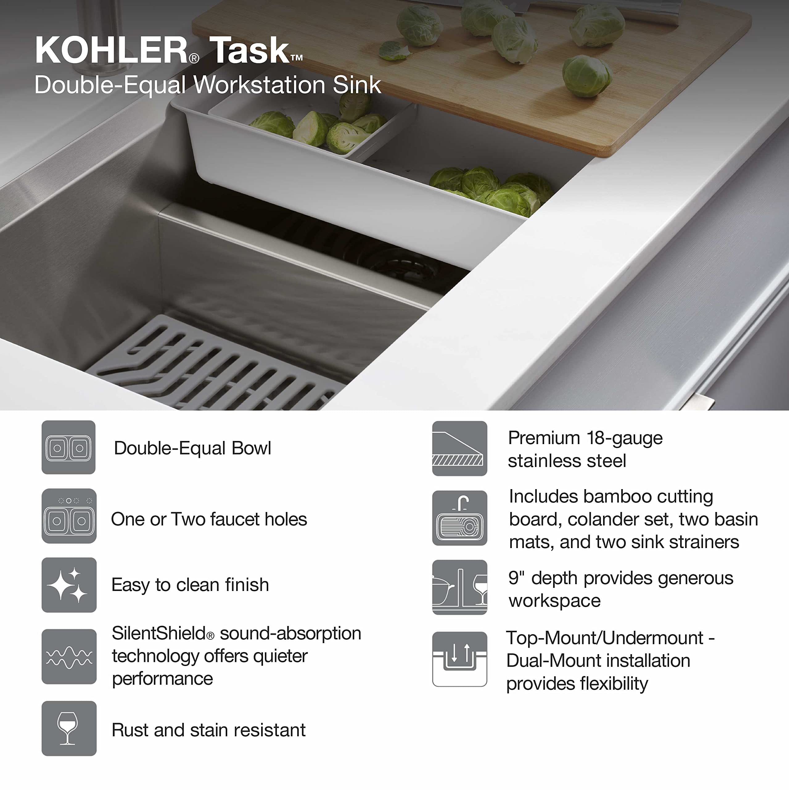KOHLER Task Kitchen Sink, Stainless Steel Dual Mount Double Bowl, 33