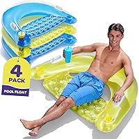 Pool Floats Adult Inflatable Chair Floats with Cup Holders & Handles - Happy Colorful Pool Floaties - Pool Float Comes in 2 Fun Colors, Blue & Yellow, A Relaxing Floats for Swimming Pool.