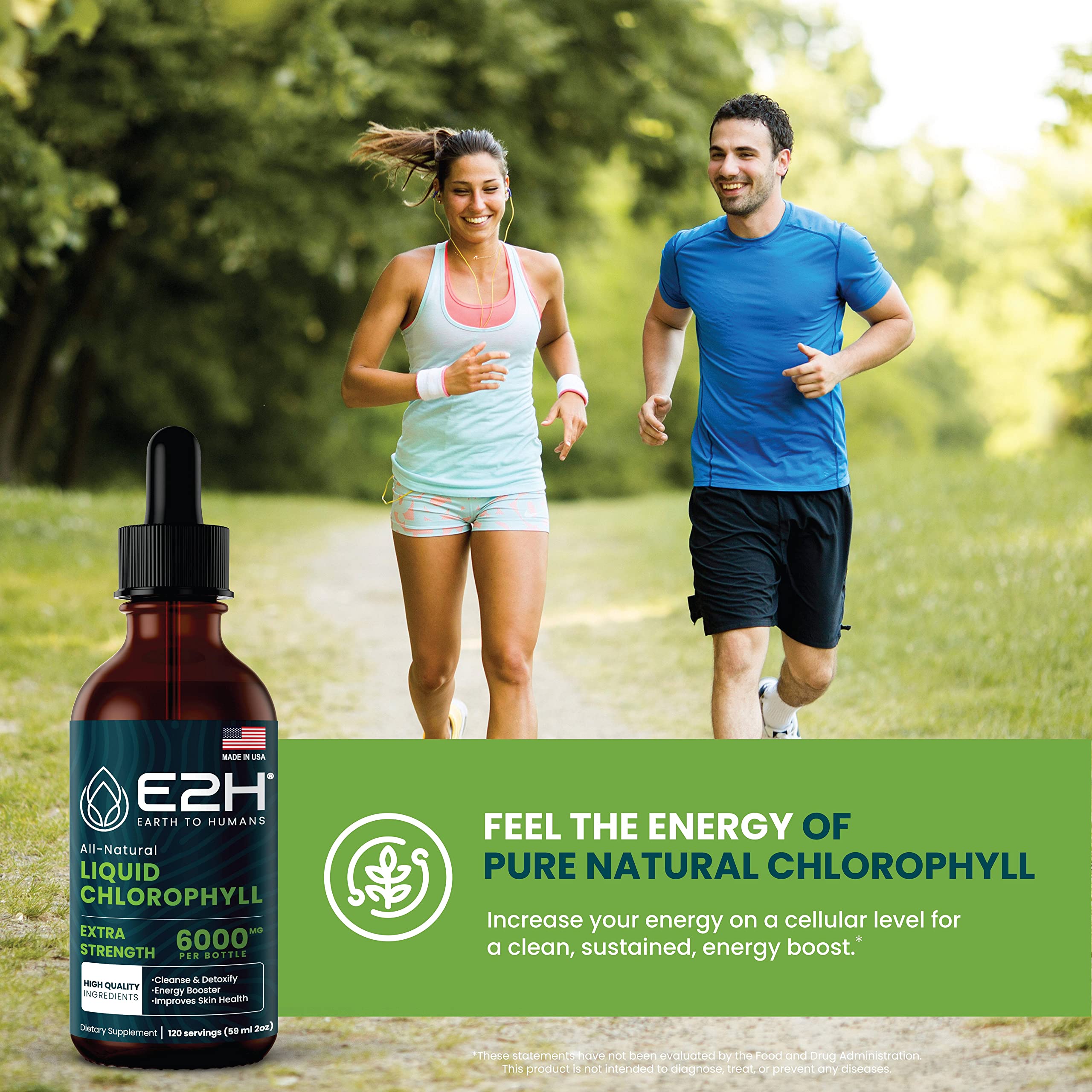 E2H Chlorophyll Liquid Drops - All-Natural Flavored Energy Booster, Immune System Support and Internal Deodorant - Vegan - Gluten Free - Non-GMO - 2 Fl Oz