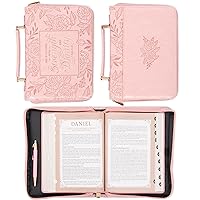 Christian Art Gifts Premium Vegan Leather Fashion Floral Bible Cover for Women: Strength & Dignity - Prov. 31:25 Inspirational Scripture Verse Carry Case w/Pockets & Pen Storage, Pink & Gold, Large