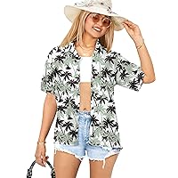 LA LEELA Women's Button Down Blouses Casual Summer Beach Party Blouse Shirt Hawaiian T-Shirt Blouses Short Sleeve Tropical Vacation Dress Tee Shirts for Women XL Palm Tree, Grey