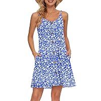 WNEEDU Women's Summer Spaghetti Strap Button Down V Neck Casual Beach Cover Up Dress with Pockets(Floral Blue White,S)