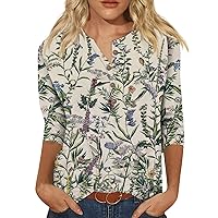 Women Summer Tops Dressy Casual 3/4 Sleeve Fashion Shirts V Neck Button Down Blouse Floral Printed Graphic Tees
