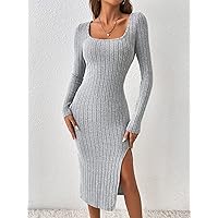 TLULY Dress for Women Square Neck Split Thigh Bodycon Dress (Color : Gray, Size : Small)