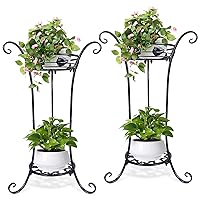 Plant Stand 2 Tier, Plant Stand Indoor Outdoor, 25.6'' Tall Modern Plant Shelf Metal Plant Stand Rack Black Flower Stand for Patio, Living Room & Garden ( 2 PCS )