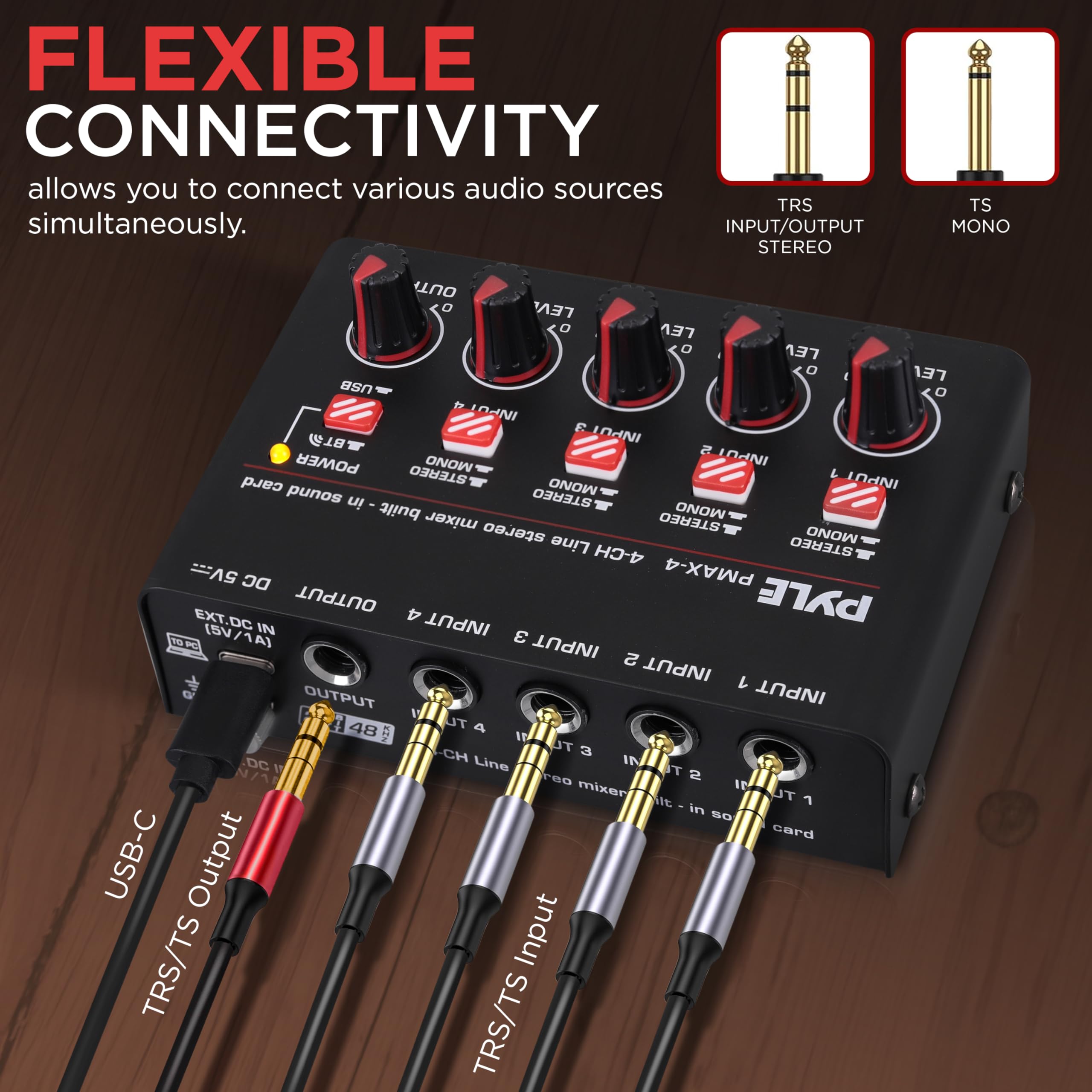 4-Channel Wireless BT Streaming Mini Line Mixer with USB Audio Interface - 4 Mono/Stereo Switching Inputs | Ultra-low Noise Design with High Headroom | Built-in USB Sound Card