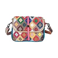 Women Genuine Leather Multicolor Shoulder Bag Stylish Random Colorful Pattern Spliced Flap Handbag Purses Medium Satchel