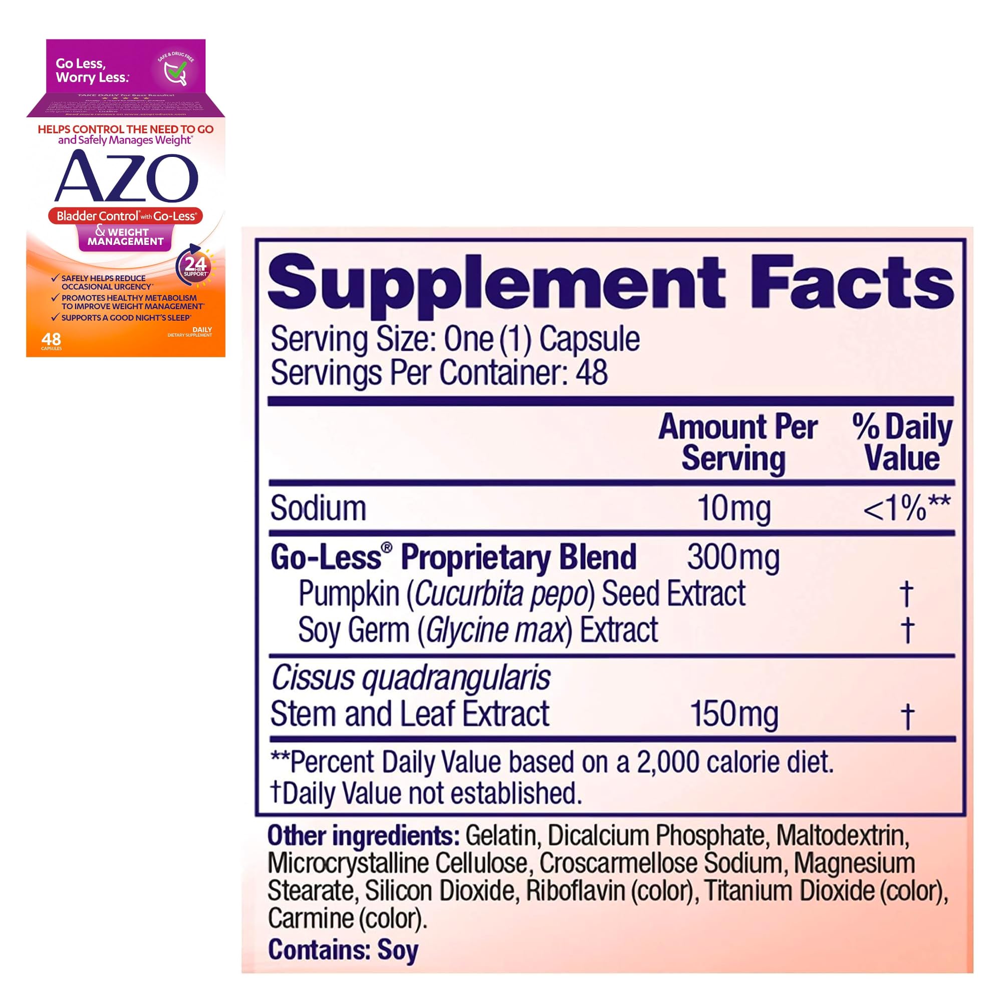 AZO Bladder Control with Go-Less & Weight Management Dietary Supplement, 48 Count + Cranberry Pro Urinary Tract Health Supplement 600mg PACRAN, 1 Serving = More Than 1 Glass of Cranberry Juice 100 CT