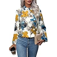 Milumia Women Floral Mock Neck Blouse Long Sleeve Pleated Stitch Work Shirts Tops