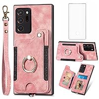Phone Case for Samsung Galaxy Note 20 Ultra 5G Wallet Cover with Screen Protector and Wrist Strap RFID Card Holder Ring Stand Note20 Plus Notes 20Ultra Note20+ U + 20+ Twenty Not S20 Women Men Pink