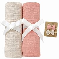 2 Pack Muslin Swaddle Blankets with Headband Set 47x47 in,Large 100% Organic Cotton Muslin Baby Blanket for Newborn Toddlers,Baby Receiving Blankets for Boys and Girls (Khaki+Pink)