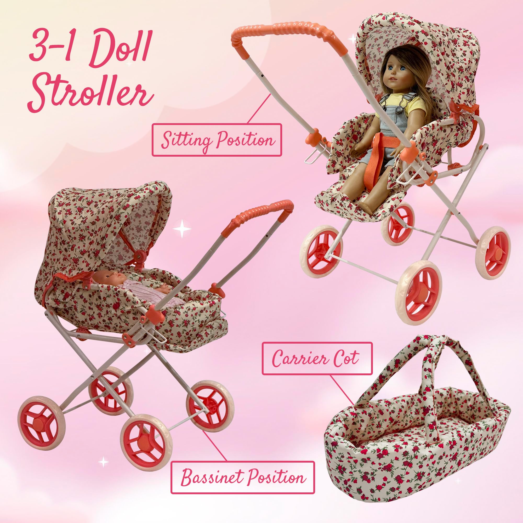 Baby Doll Stroller Play Set, 3-in-1 Babydoll Stroller with Removable Bassinet Baby Carriage for Dolls Toy Doll Stroller for Toddlers 3-4 Years, (Floral)