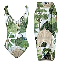 Thong Bikini Sets for Women with Cover Up Blue Bikini Print 1 Piece Swimsuit +1 Piece Vintage Print Swimsuit S