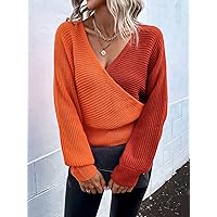 Two Tone Surplice Neck Batwing Sleeve Sweater (Color : Orange, Size : Large)