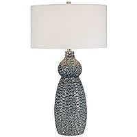 MY SWANKY HOME Luxe Geometric Carved Cobalt Blue Ceramic Table Lamp Curved Gourd Shape White