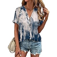 Business Casual Tops for Women, Fashion Women's Loose Plain V Neck Button Short Sleeve Summer 2024 Shirts, S XXL