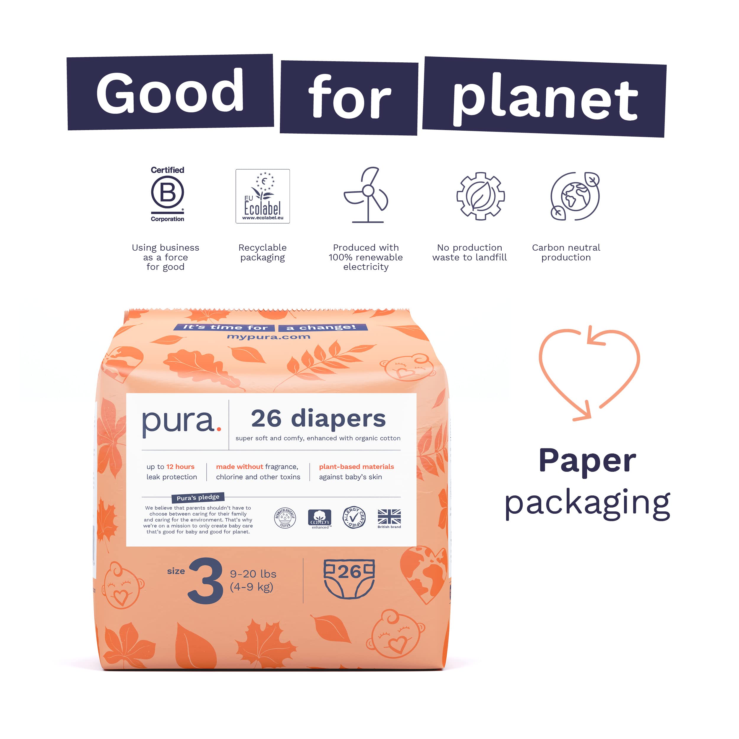 Pura Size 3 Eco-Friendly Diapers (9-20lbs) Hypoallergenic, Soft Organic Cotton Comfort, Sustainable, up to 12 Hours Leak Protection, Allergy UK, Recyclable Paper Packaging. 1 Pack of 26 Diapers