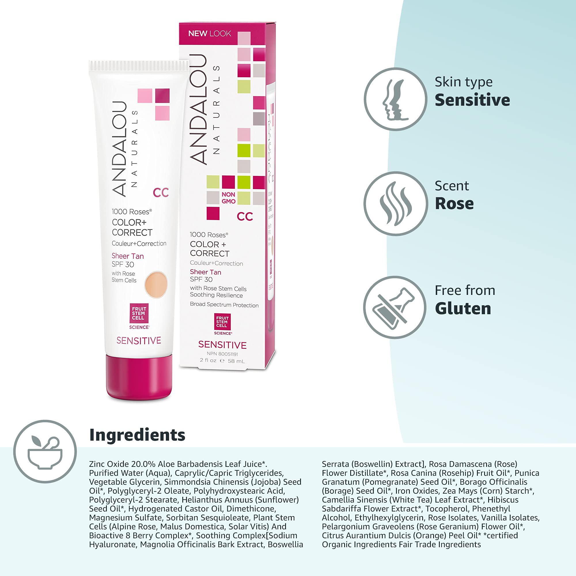 Andalou Naturals 1000 Roses CC Color + Correct with SPF 30, Sheer Tan, 2-in-1 Face Sunscreen + CC Cream for Sensitive Skin, Helps Correct Uneven Skin Tone, Reef Safe Sunscreen, 2 Fl Oz