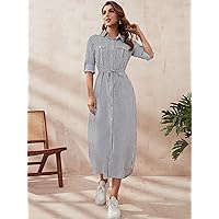 Summer Dresses for Women 2022 Striped Roll Tab Sleeve Belted Shirt Dress (Color : Black and White, Size : XL)