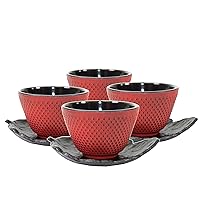 4 Sado Black Leaf Tea Saucer Red Cast Iron Teacup Hobnail Dot Japanese
