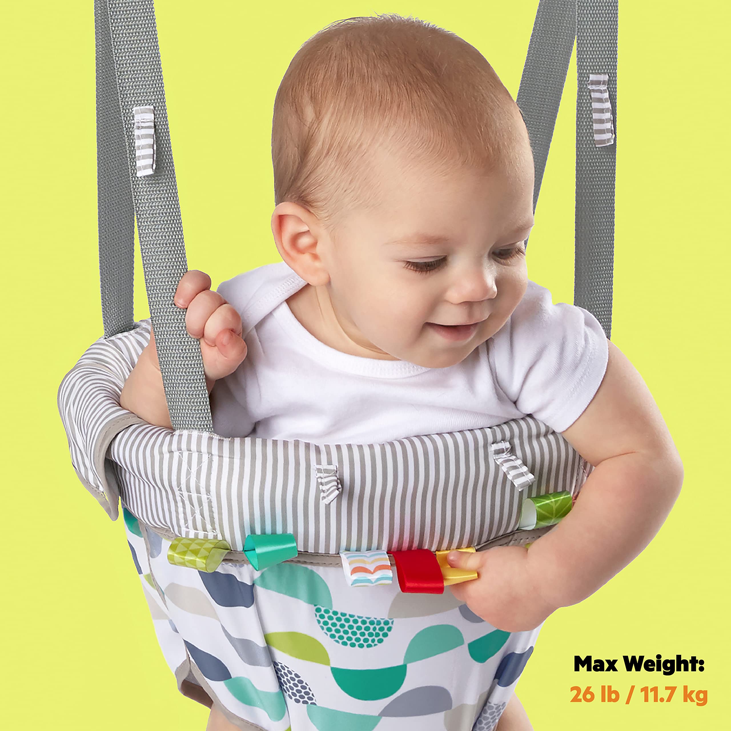 Bright Starts Playful Parade Door Jumper for Baby with Adjustable Strap, 6 Months and Up, Max Weight 26 lbs