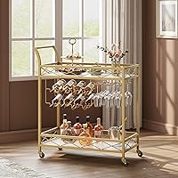 Gold Bar Cart, 2 Tier Bar Cart with Wheels for Home, Gold Rolling Cart with Wine Rack and Glass Holders for Living Room, Kitchen, Dining Room