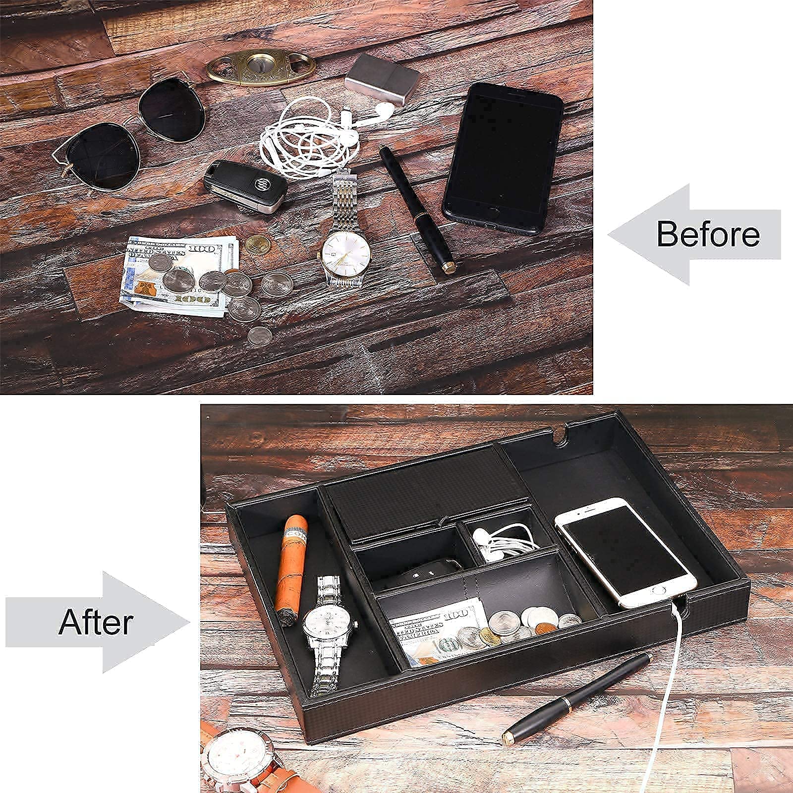 BEWISHOME Valet Tray for Men Dresser Organizer Nightstand Organizer & Watch Box for Men - Luxury Watch Case Bundle